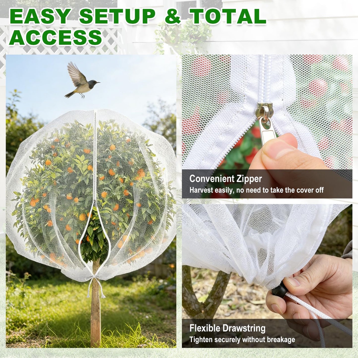 OUTCREATOR® Bird Netting for Garden Protection, 4 Pack Garden Netting Pest Barrier with Zipper and Drawstring, Fruit Tree Netting Mosquito Net Tomato Protective Cover for Blueberry Bushes,2.6 X 3.3 ft