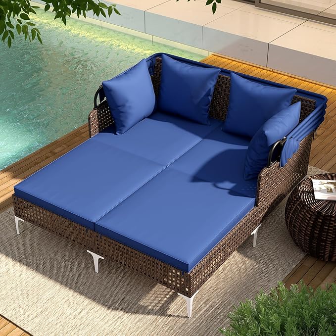 Tangkula Outdoor Rattan Daybed with Retractable Canopy, Boho Patio Wicker Sunbed with Metal Support, Pillows & Cushions, Outdoor Double Chaise Lounge with Shade for Backyard, Poolside, Deck & Balcony