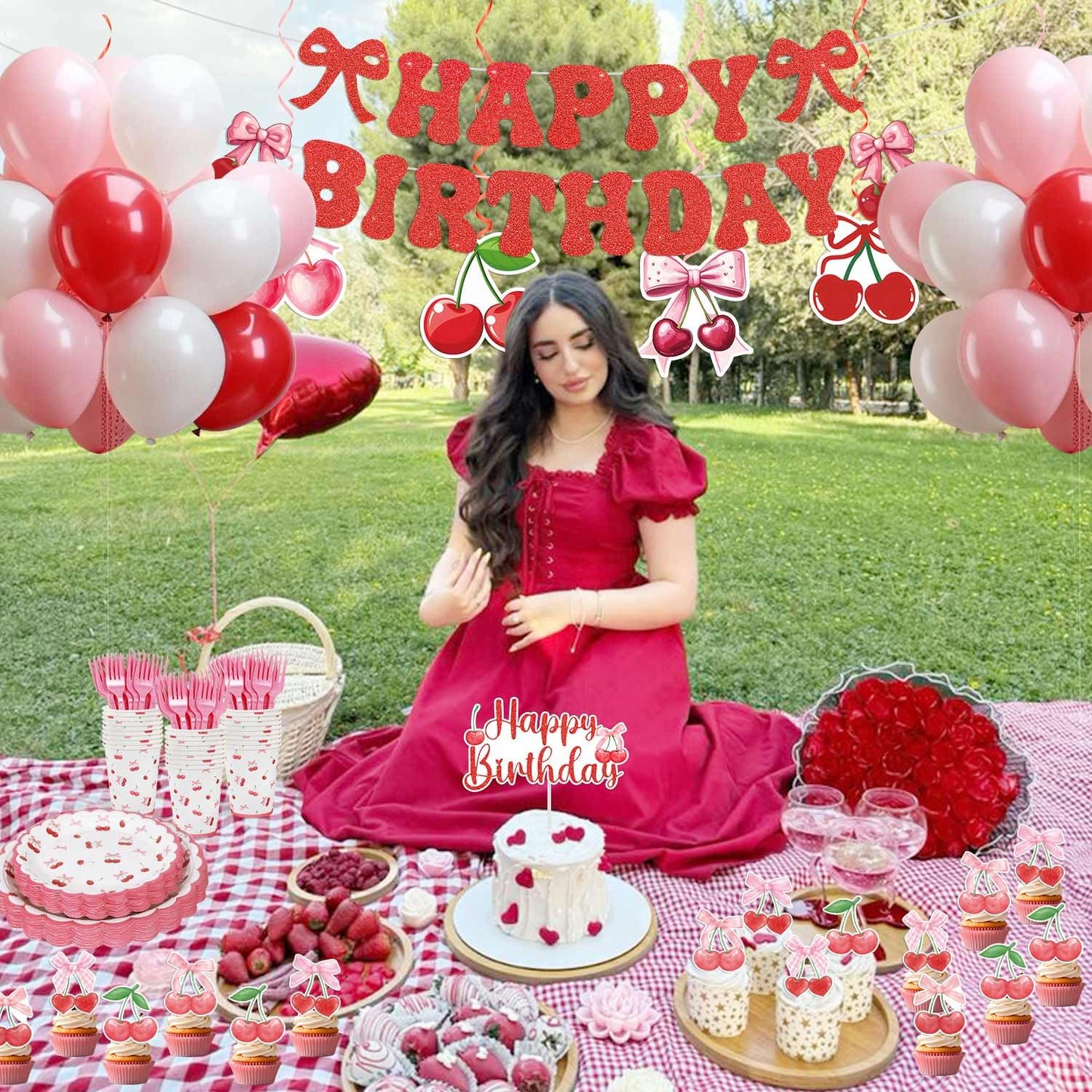 Cherry Birthday Decorations, 182Pcs Cherry Plates Napkins Cups Forks Tablecloth Banner Hanging Swirls Cupcake Toppers and Ballons for Cherries Themed Party Decorations