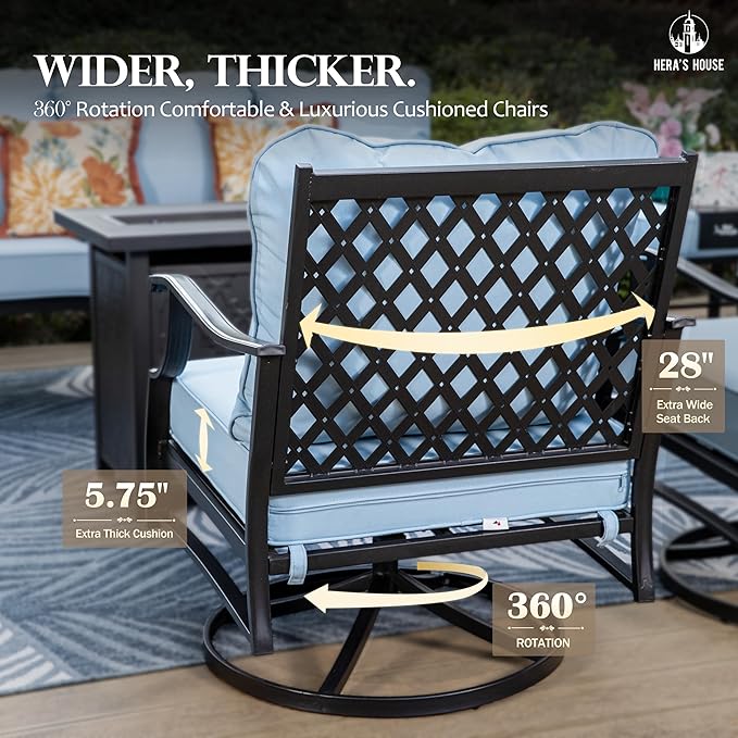 HERA'S HOUSE 5 Piece Patio Furniture Set, 2 x Swivel Chair, 2 x Ottoman, 1 x 3-Seat Sofa, All Cushioned 7 Seats Outdoor Conversation Set for Lawn Garden Backyard, Blue