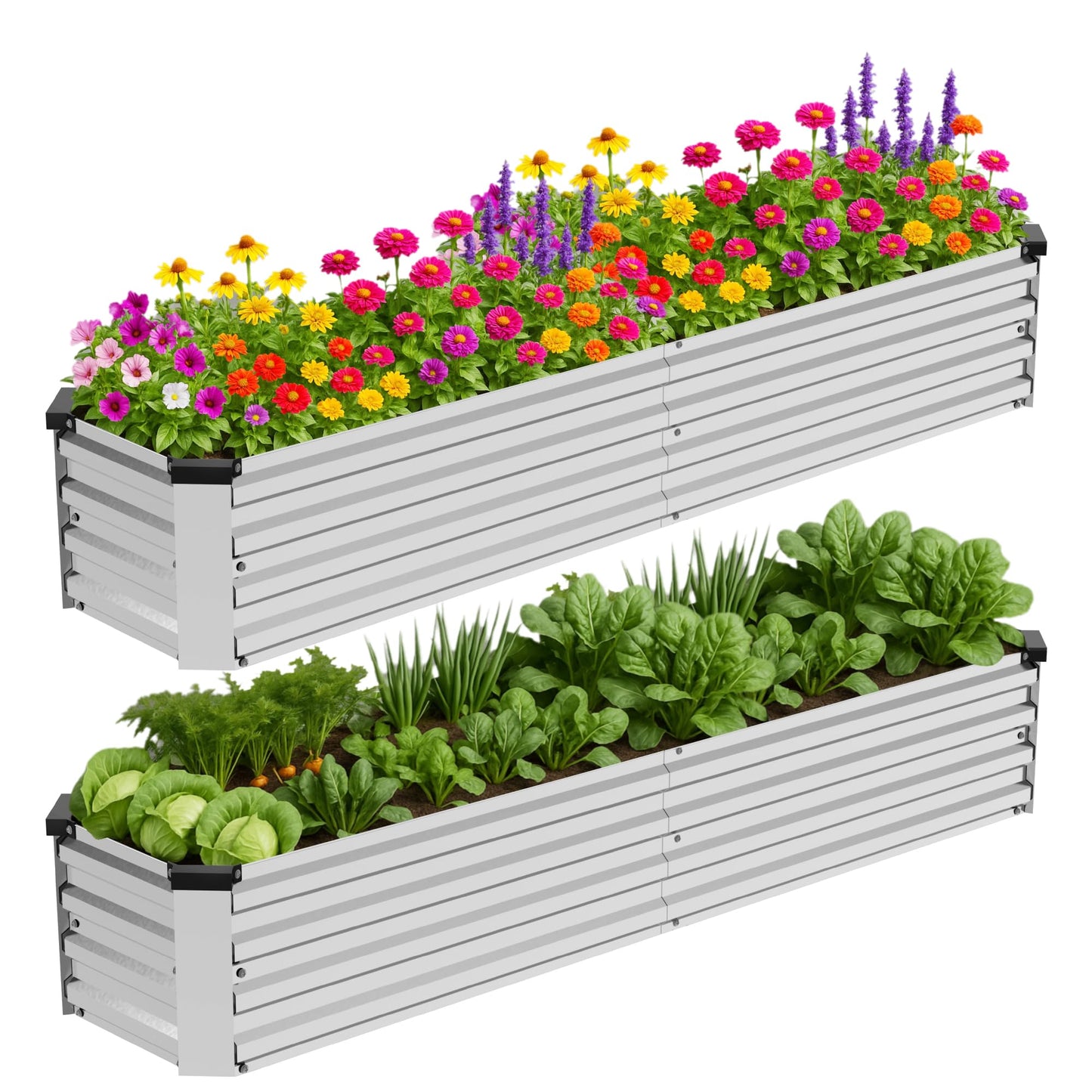 Bujijun 2 Pack 8x2x1FT Galvanized Metal Raised Garden Bed Kit for Vegetables, Herbs, Open-Bottom Large Capacity Outdoor Planter Box Gardening Stakes, Silver