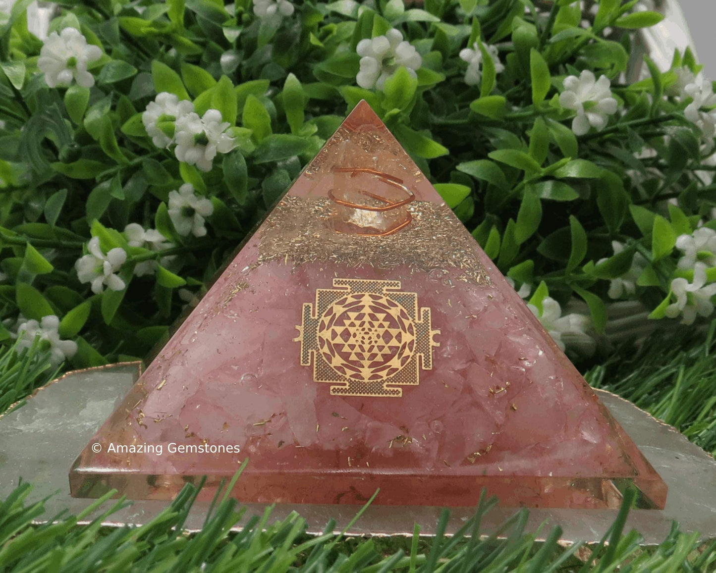 Amazing Gemstone Large Rose Quartz Orgone Pyramid Crystal, Sri Yantra Orgonite Pyramid - Positive Energy Healing