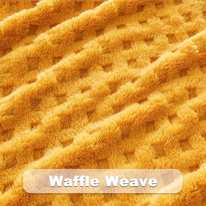 NEWCOSPLAY Super Soft Queen Blanket Yellow Premium Silky Flannel Fleece 3D Waffle Checkered Lightweight Bed Blanket All Season Use (Mustard Yellow, Queen(90"x90"))