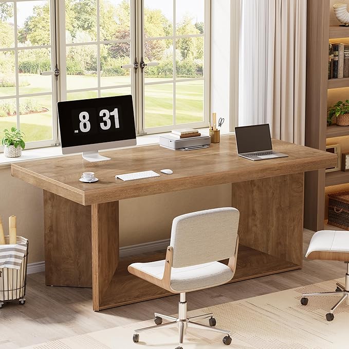 Tribesigns 63-Inch Executive Desk, Large Office Computer Desk with Heavy Duty Pedestal, Farmhouse Simple Workstations Writing Table for Home Office, Rustic Brown