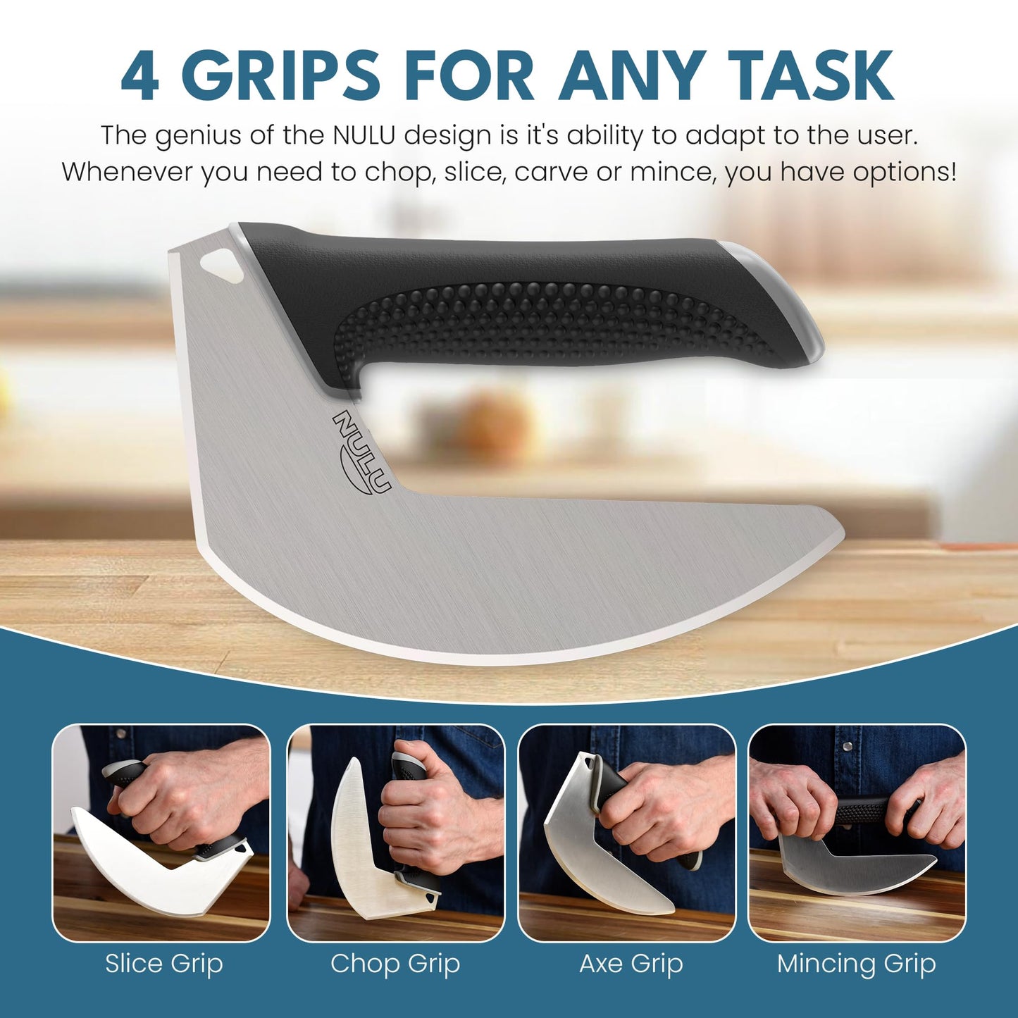 NULU Ergonomic Kitchen Knife for Arthritis & Weak Hands — Adaptive Multi-Grip, Low Strain, Chef's Knife with Sheath