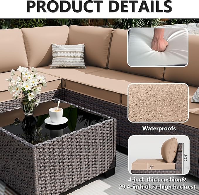 ALAULM 13 Pieces Patio Furniture Set with Propane Fire Pit Table Patio Sectional Sofa 43" Gas Fire Pit Brown PE Rattan Patio Conversation Set w/10 Seat Cushions-Sand
