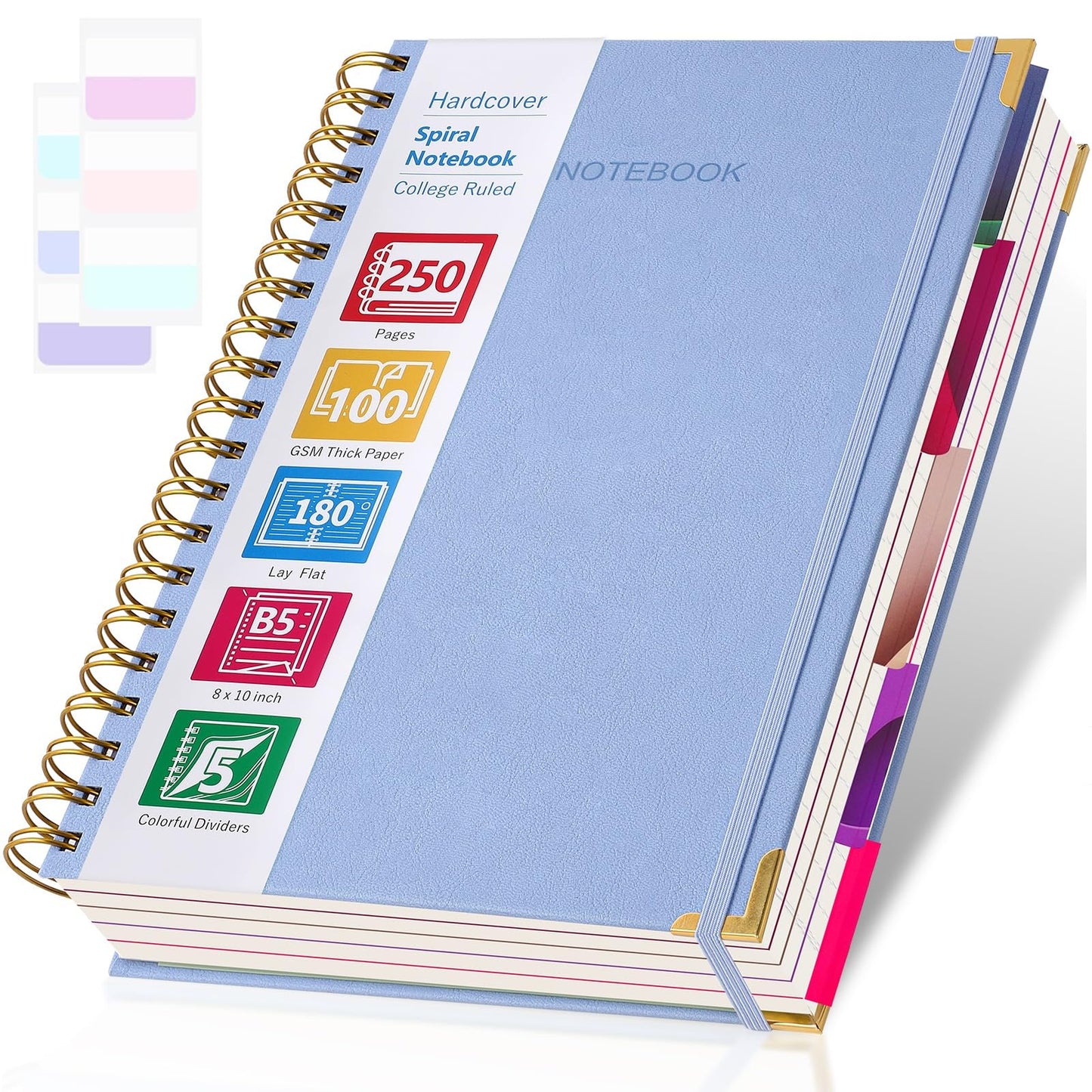 College Ruled Notebook, Spiral Notebook 8.5" x 11", Leather Hardcover Notebook Journal for Women Men, 5 Subject Notebook with Dividers, Journaling Notebooks for Work School, Large Lined Journal, Blue