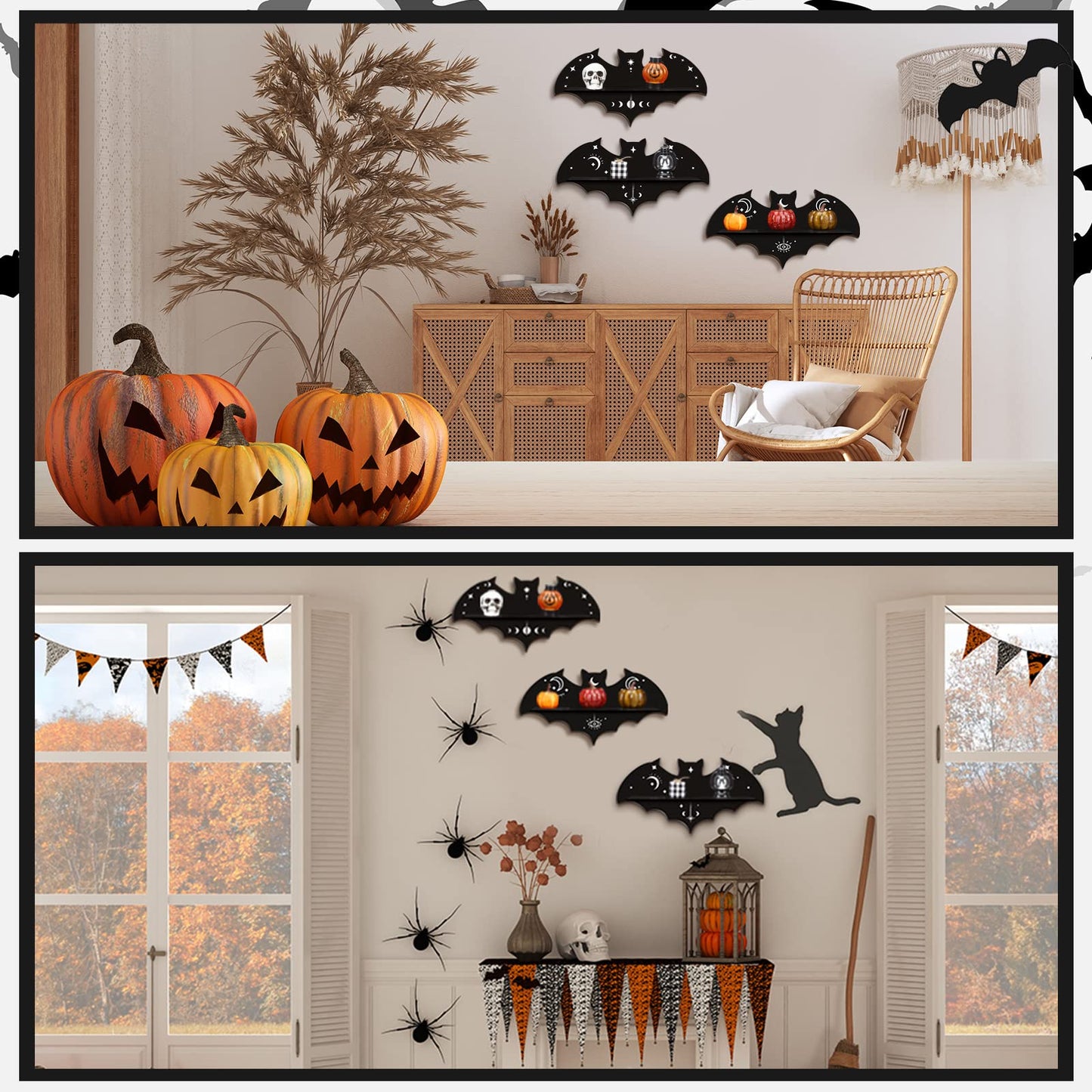 Geetery 3 Pcs Bat Shelf Gothic Decor Witchy Crystal Shelf Spooky Coffin Wall Hanging with Hooks Floating Black Wooden Room Decor for Crystal Keys