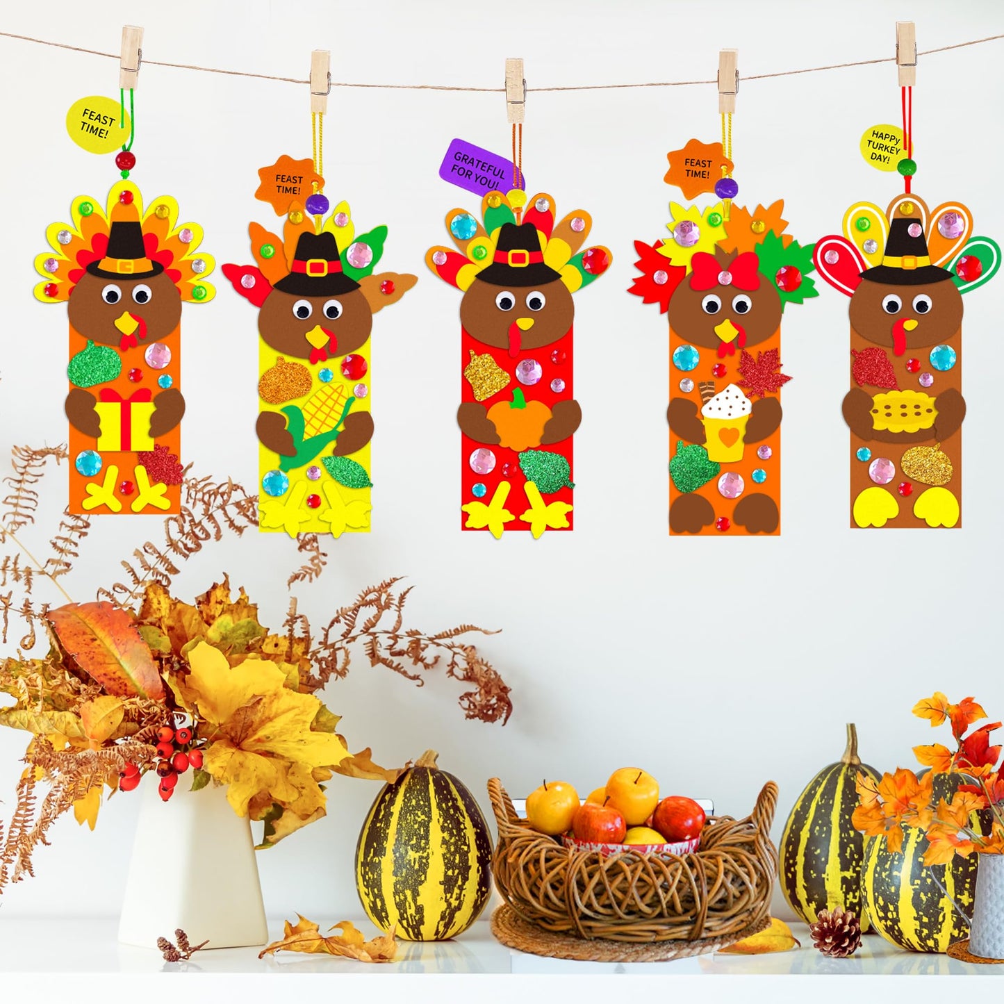 EUVBOKW 24 Sets Thanksgiving Turkey Craft Kits,Fall DIY Felt Bookmarks with Autumn Leaf Stickers Activities for Thanksgiving