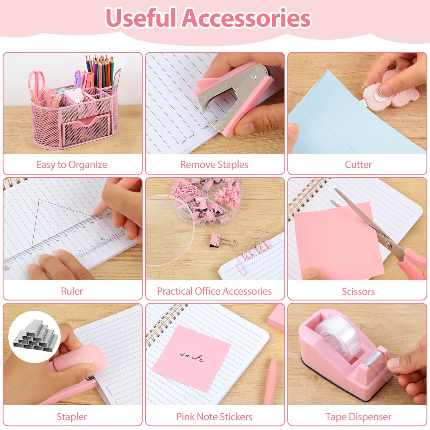 PrintPulse Pink Office Supplies for Desk,14pcs Desk Sets and Accessories, Office Supply Kit with Mesh Desktop Organizer and Stapler,Staple Remover, Staples,Tape Dispenser,Sticky Tabs,Scissors, Ruler