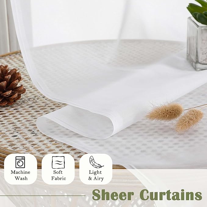 Lecloud Sheer White Curtains 96 Inches Long 2 Panels Set, Solid Airy Voile Dual Rod Pocket Sheer Curtains, Elegant Light Filtering Window Curtain Drapes for Living Room Garden, 59" W x 96" L
