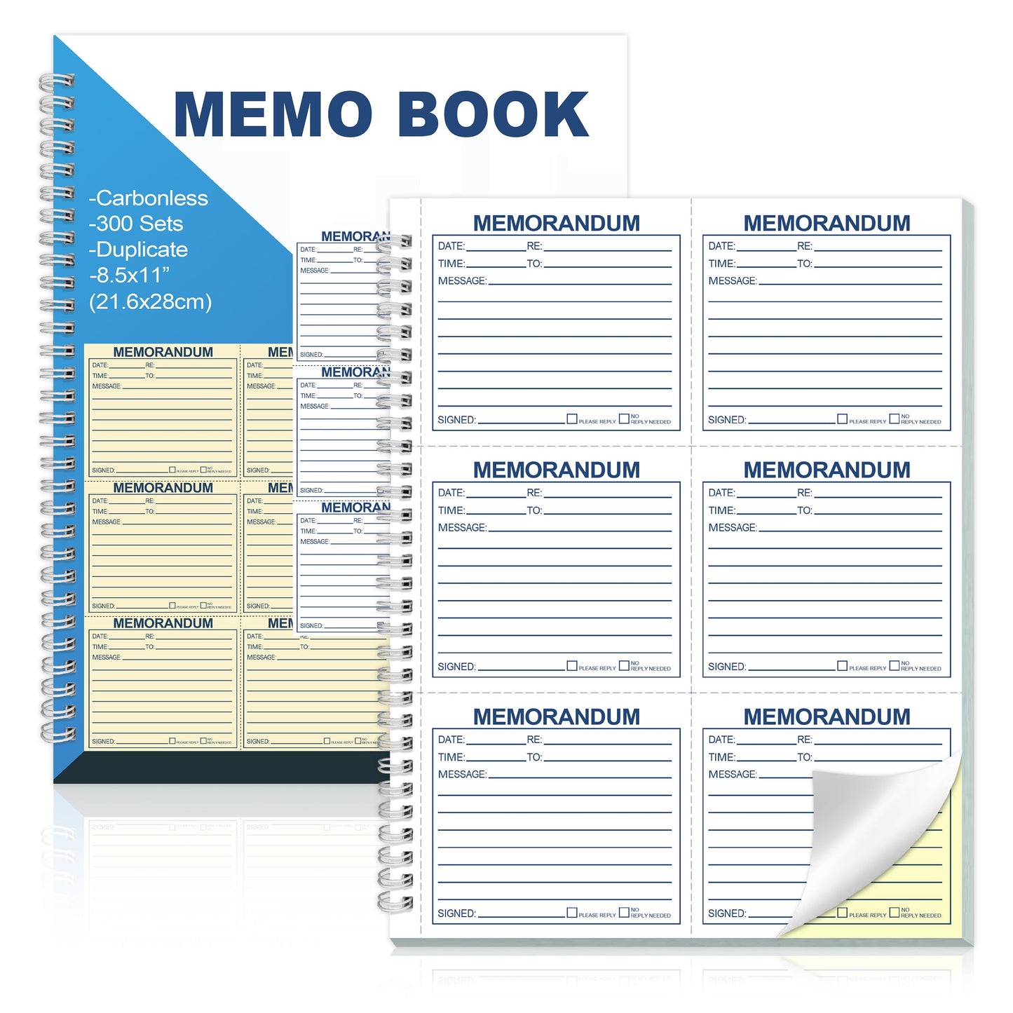 Memorandum Forms Book 300 Sets Carbonless 2 Part Duplicate Memo Pads 8.5x11 Inches Phone Message Book Spiral Bound With Tear Off Line And Writing Board Backing Suitable For Office Or School(1, Blue)