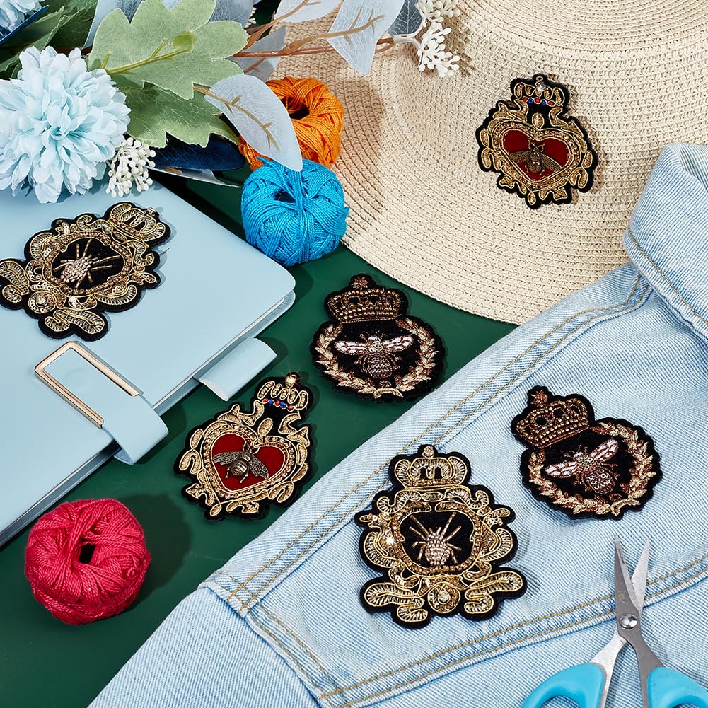AHANDMAKER 6pcs Crown Bee Badge Embroidered Applique Patch, 3 Style Embroidered Badge Patch Sew On Patches DIY Decorative Applique Patches for Dress Jeans Jackets Handbag Clothing