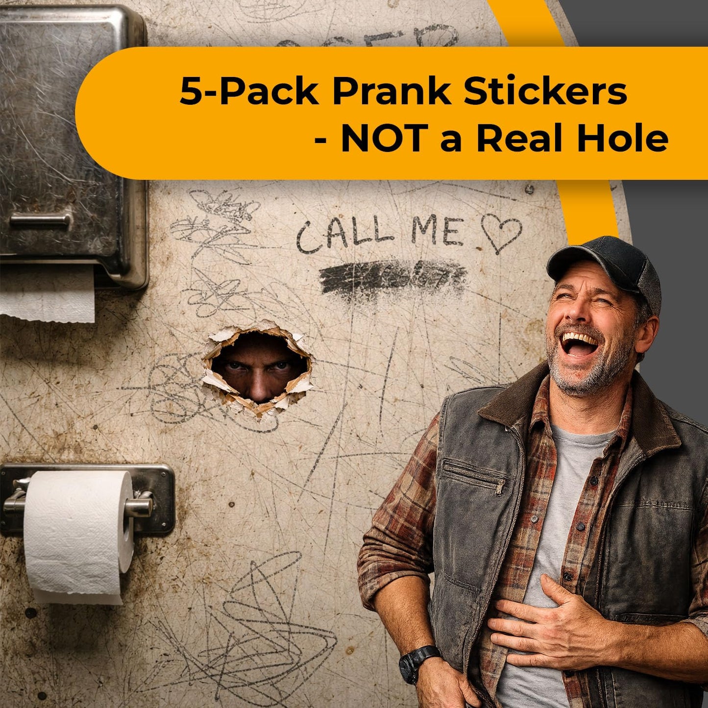 Creepy Hole-in-The-Wall Prank Stickers (5-Pack) – Reusable Peeking Face Wall Decals for Bathroom, Office & Dorm – Scary Fake Hole Gag Stickers for Pranks & Halloween Decor