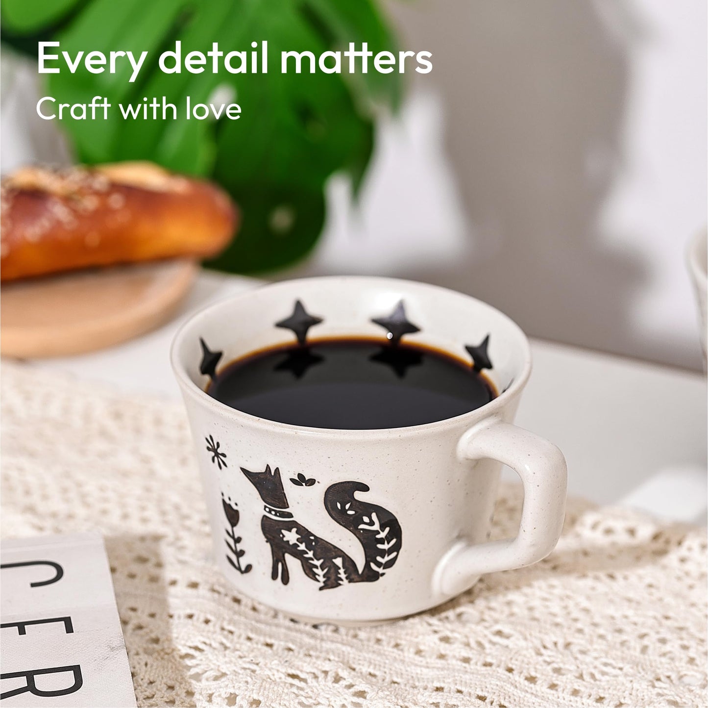 LINVIA Ceramic Coffee Mug, 11 oz Small Novelty Unique Teacup with Handle, Stoneware Cup for Tea Mocha Latte Cappuccino (Set of 4, Fox and Bear)