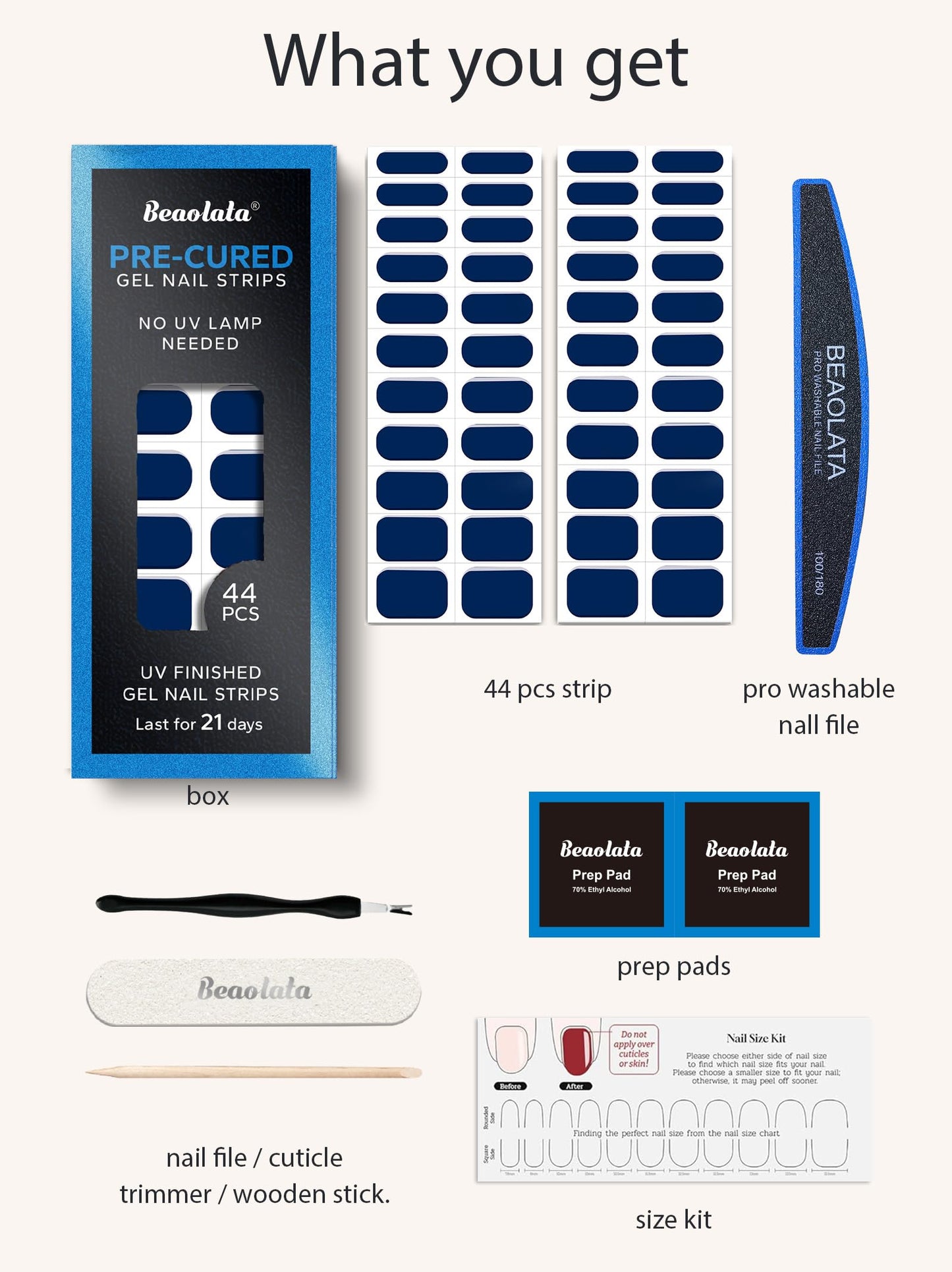 Beaolata Real Gel Nail Strips (No UV Light Needed) - 44Pcs Salon Quality Nail Stickers - Long Lasting Polish Wraps for Women, Easy Apply & Remove (Abyssal Blue)