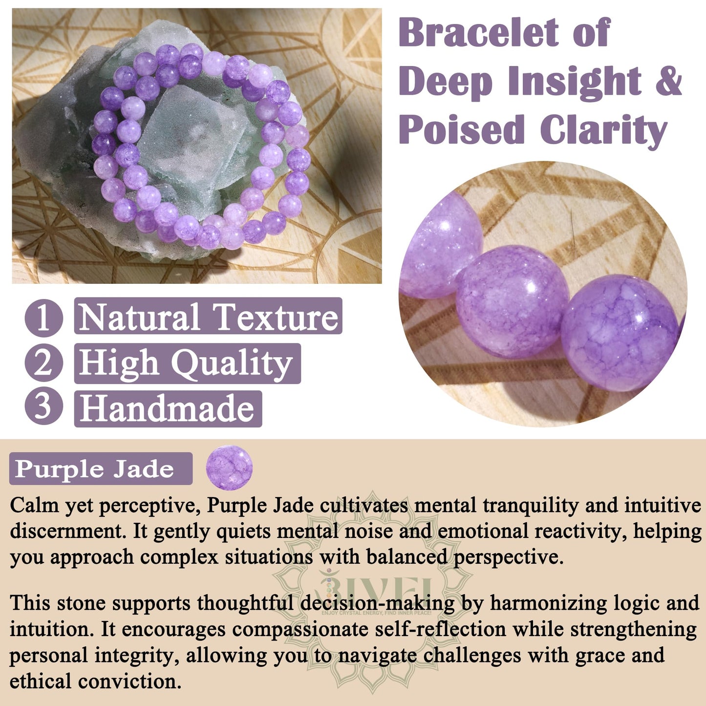 Bivei Natural Gemstone Semi Precious Healing Crystals Handmade Stretchy Round Beads Bracelet, Enhance Positive Energy,Stocking Stuffers for Women(Purple Jade (Harmony & Wisdom)(Large))