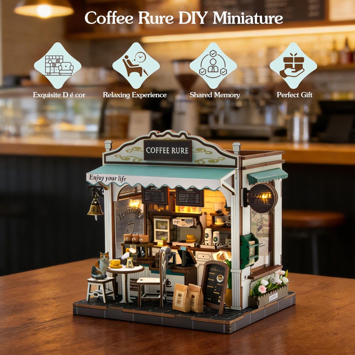 Soothee DIY Miniature House Kit, DIY Book Nook with LED Light | 3D Puzzles for Adults and Teens, Tiny House Building Kits for Bookshelf Decor, Relaxing Gift for Craft Lovers | Cafe Rure