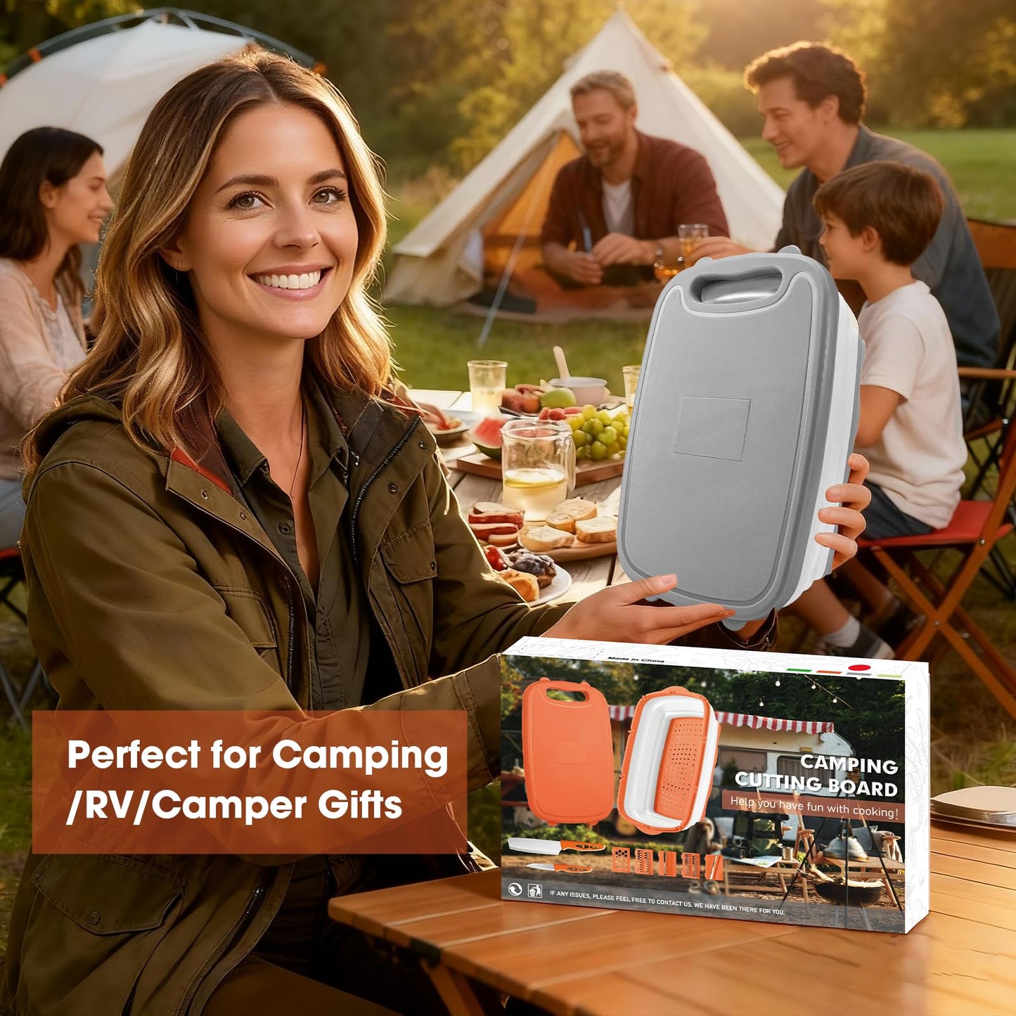 Gintan Camping Cutting Board, 9-in-1 Collapsible Chopping Board with Colander, Kitchen Vegetable Washing Basket for Camping, Camping Gifts Camping Accessories for RV Campers (Gray)