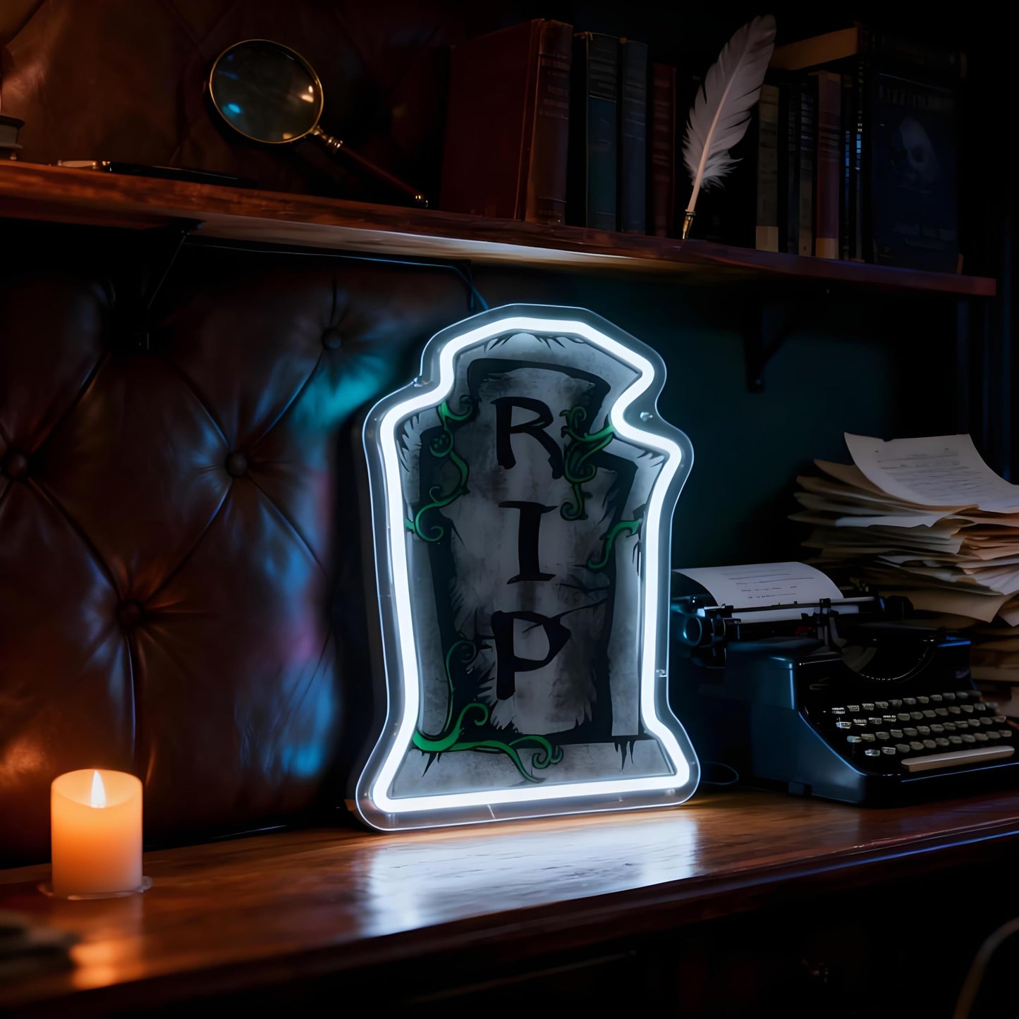 RIP Tombstone Shape LED Neon Sign - USB Powered Spooky Decor for Haunted House Party Bedroom, Halloween Neon Light Wall Table Accent, 13.97x 9.25 in
