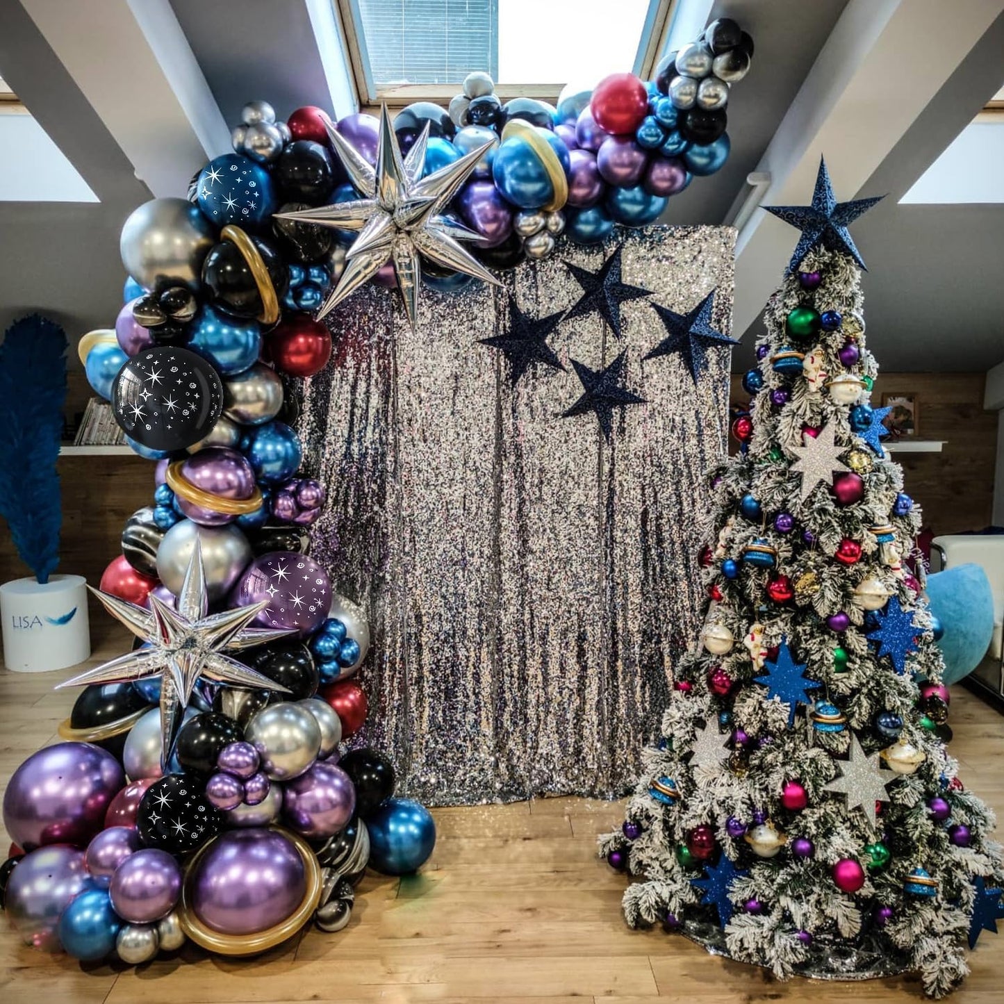 Galaxy Space Balloon Arch Garland Kit for Outer Party Decorations,144Pcs Chrome Metallic Blue Purple Silver Navy Blue Black Balloons for Boys Kids Baby Shower Party Solar System Supplies