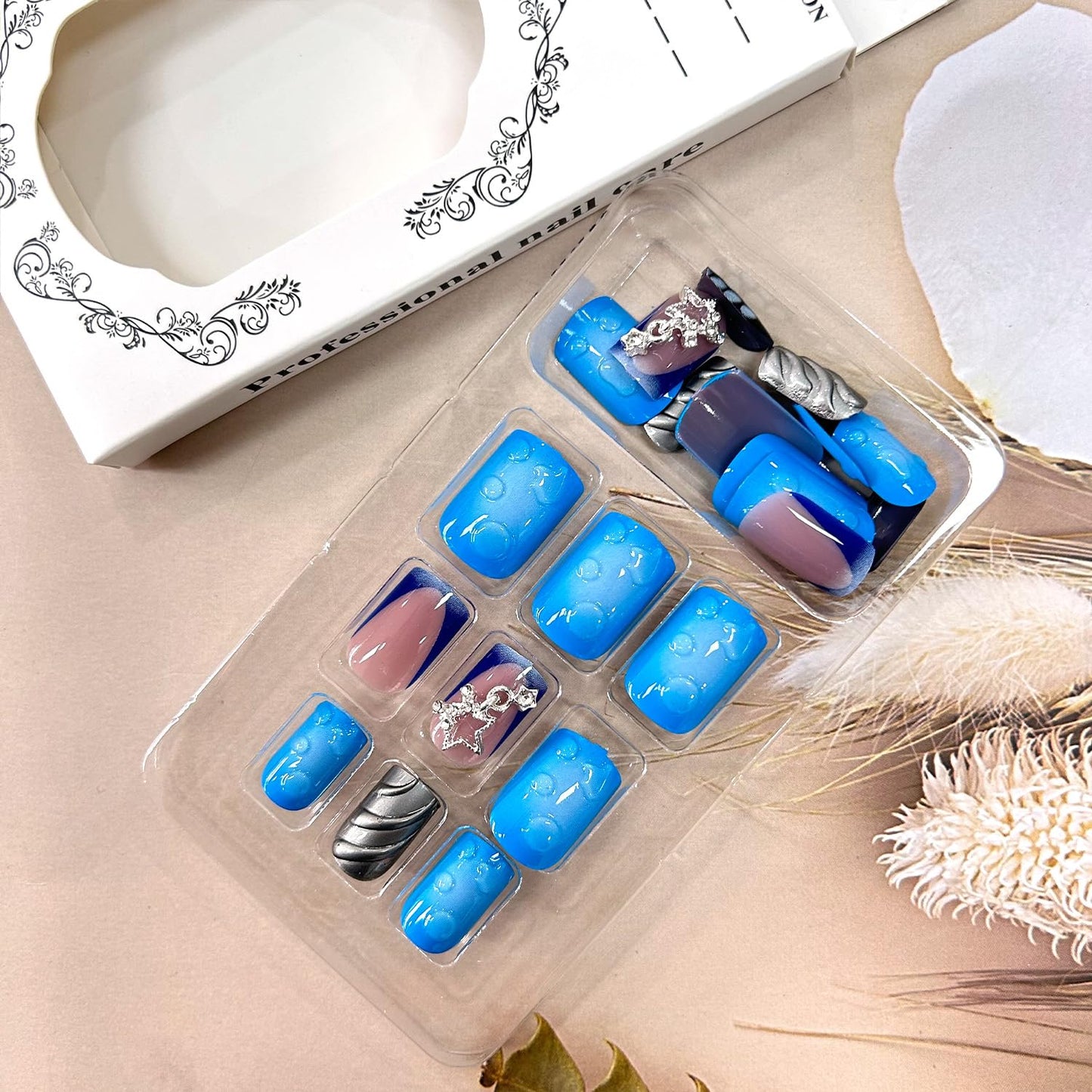 Press on Nails Short Length Blue Smudge False Nails 3D Stripe Silver Starlink Design Acrylic Nails Press Nails with Charm Artificial Stick on Nails Full Cover Reusable Acrylic Glue on Nails for Women