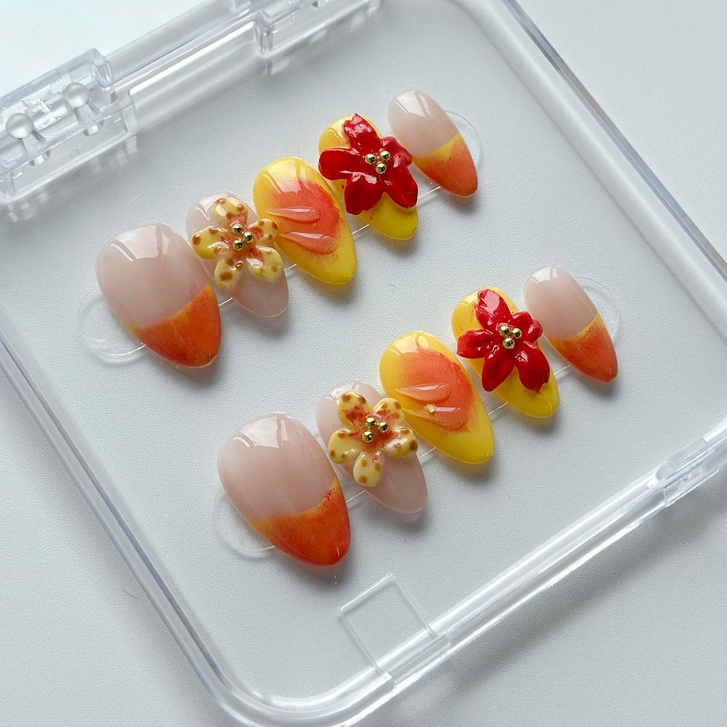 Luxury Press on Nails Short Almond Handmade 3D Unique Reusable ABS Material Fake Nails French Tip False Nails with Designs Flower Yellow&Pink Glossy Glue on Nail Thick Acrylic Nail(M)