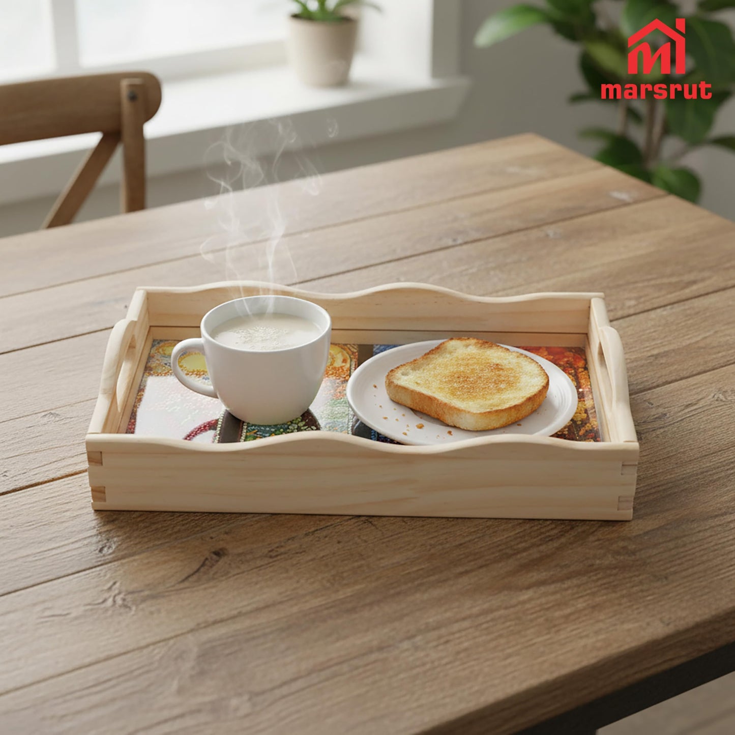 Diamond Art Wooden Tray Kit, 5D Painting Rectangular Serving Tray, Dot Drilled Dinner Plate, Creative DIY Mosaic with Handle & Four Seasons Scenery for Adults, Tea Coffee Snack, Home, Restaurant, Bar