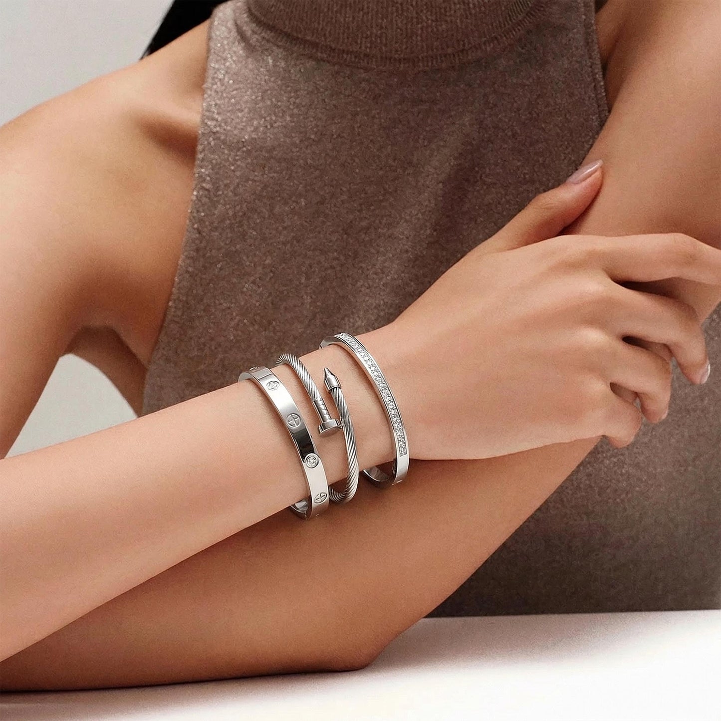 ISELBDR 18K Silver Bracelets for Women - Stackable Clover & Nail Love Bangle Set - Non-Tarnish Stainless Steel Jewelry for Valentine's, Mother's Day & Christmas (Silver-1)