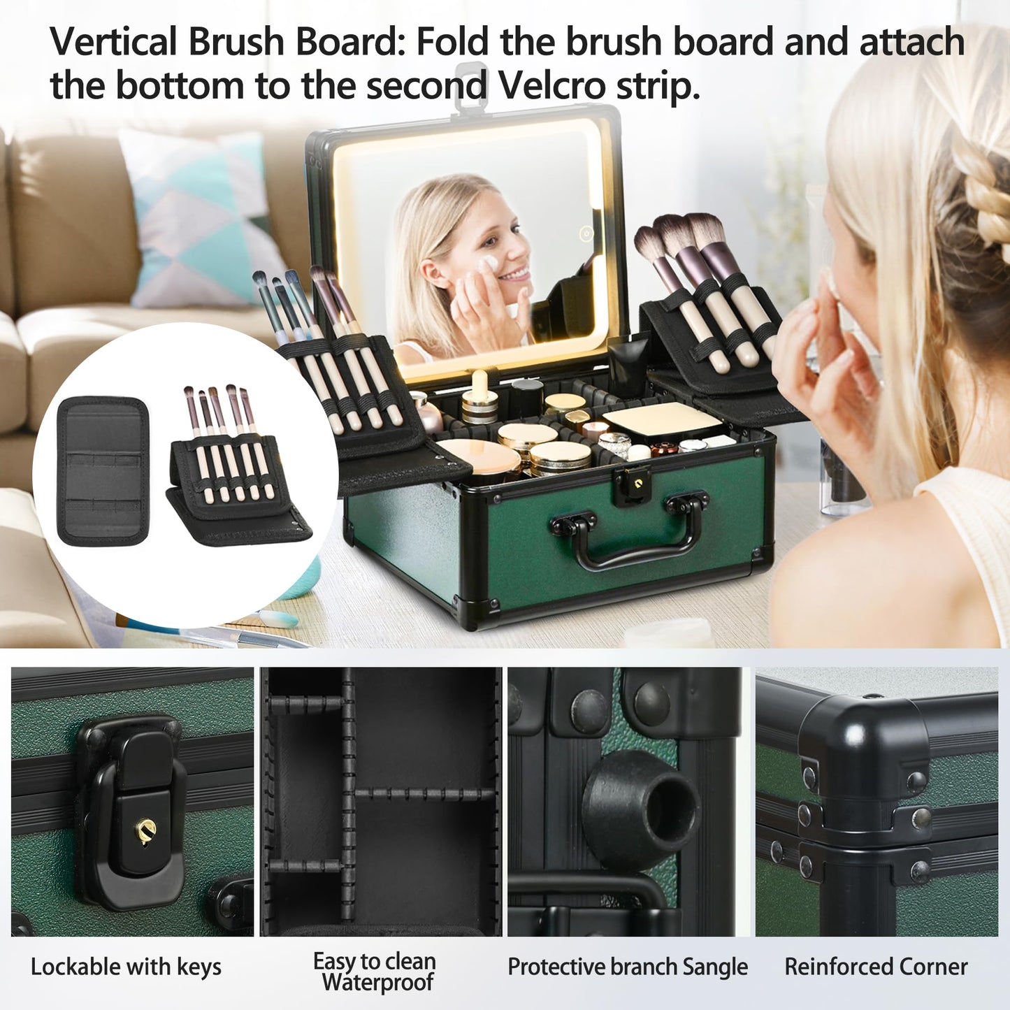 GALHUBIS Makeup Case with Lighted Mirror, Makeup Box Organizer with Detachable LED Mirror, Travel Makeup Train Case, Waterproof Cosmetic Organizer, Standing Makeup Brush Holder, Gift, Black Green
