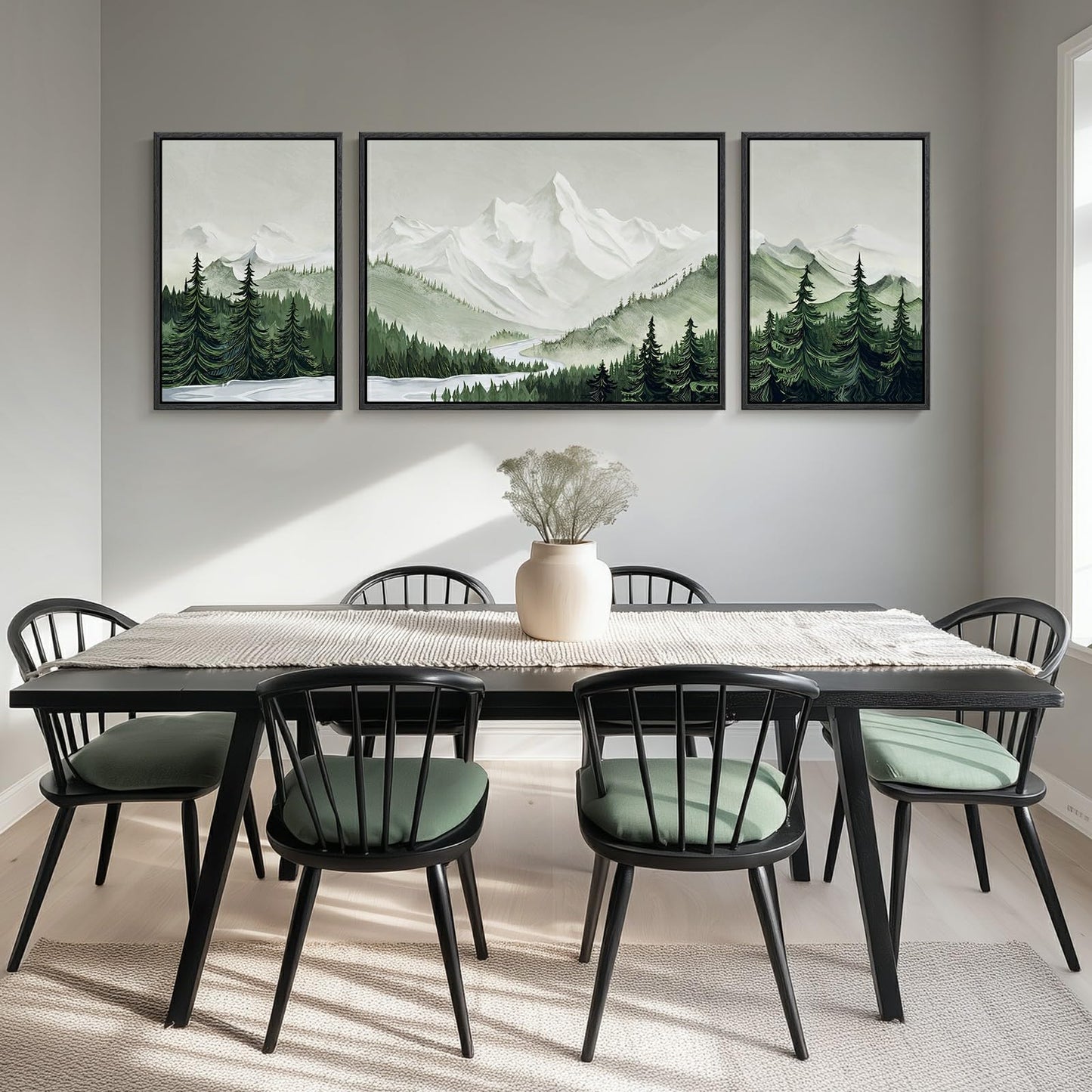 Framed Green Mountain Wall Art for Living Room, 3 Piece Forest Landscape Canvas Artworks, Large Modern Nature Scenery Painting Prints for Dining Room Hallway Home Office Wall Decor