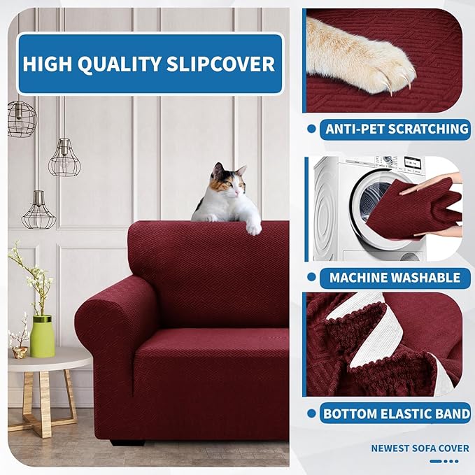 XINEAGE 2026 New Extra Large Couch Cover for 3 Cushion Couch (91"-110") 1 Piece Stretch Oversized Sofa Slipcovers Jacquard 4 Seater Furniture Protector Elastic Bottom for Kids,Pet (XL Sofa, Wine Red)