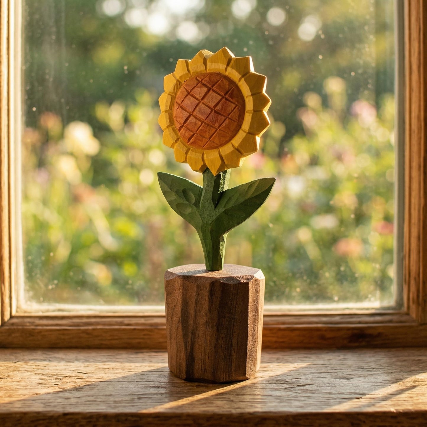 Hand-Carved Wooden Sunflower Figurine – Artisan Solid Wood Flower Statue for Rustic Farmhouse Shelf Decor & Desk Accessories – Unique for Her, Mom, Teachers (5 Inch, Gift Boxed)
