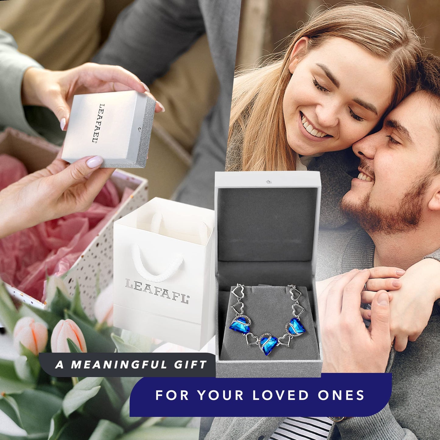 Leafael Infinity Love Heart Gift Bracelet for Women, September Birthstone Crystal, Rainbow Blue, Silver Tone, 7-inch Chain and 2-inch Extender