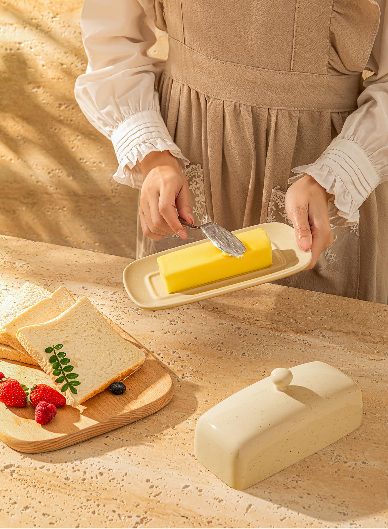 Sweese Butter Dish with Lid, Porcelain Butter Keeper, 7.8 Inch Butter Holder with Handle Cover, Butter Container Perfect for East West Coast Butter, Beige