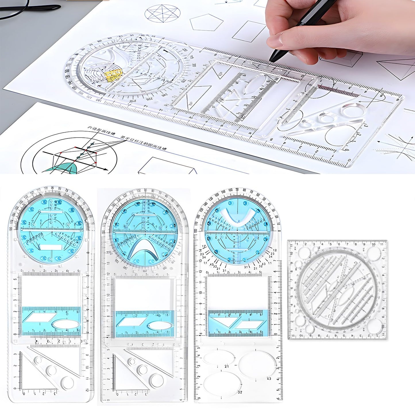 Zakrafo 4 Pcs Multifunctional Geometric Ruler,Math Measuring Rulers for Drawing and Art,Metric Ruler Drawing Tool for School Office Supplies and Build