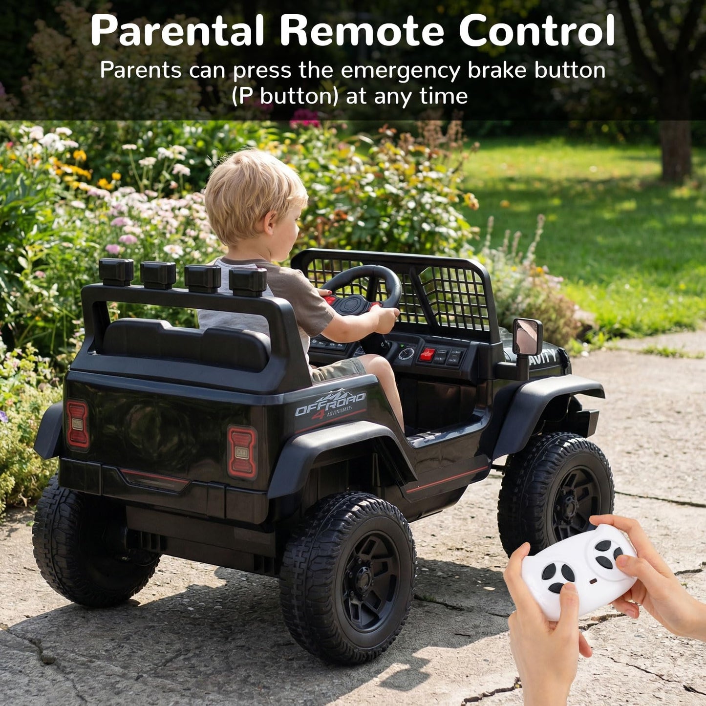 OLAKIDS 24V Ride on Car with Remote Control, Bluetooth, LED Lights, Horn, Spring Suspension, High/Low Speeds, Soft Start for Kids Aged 3+ (Black)