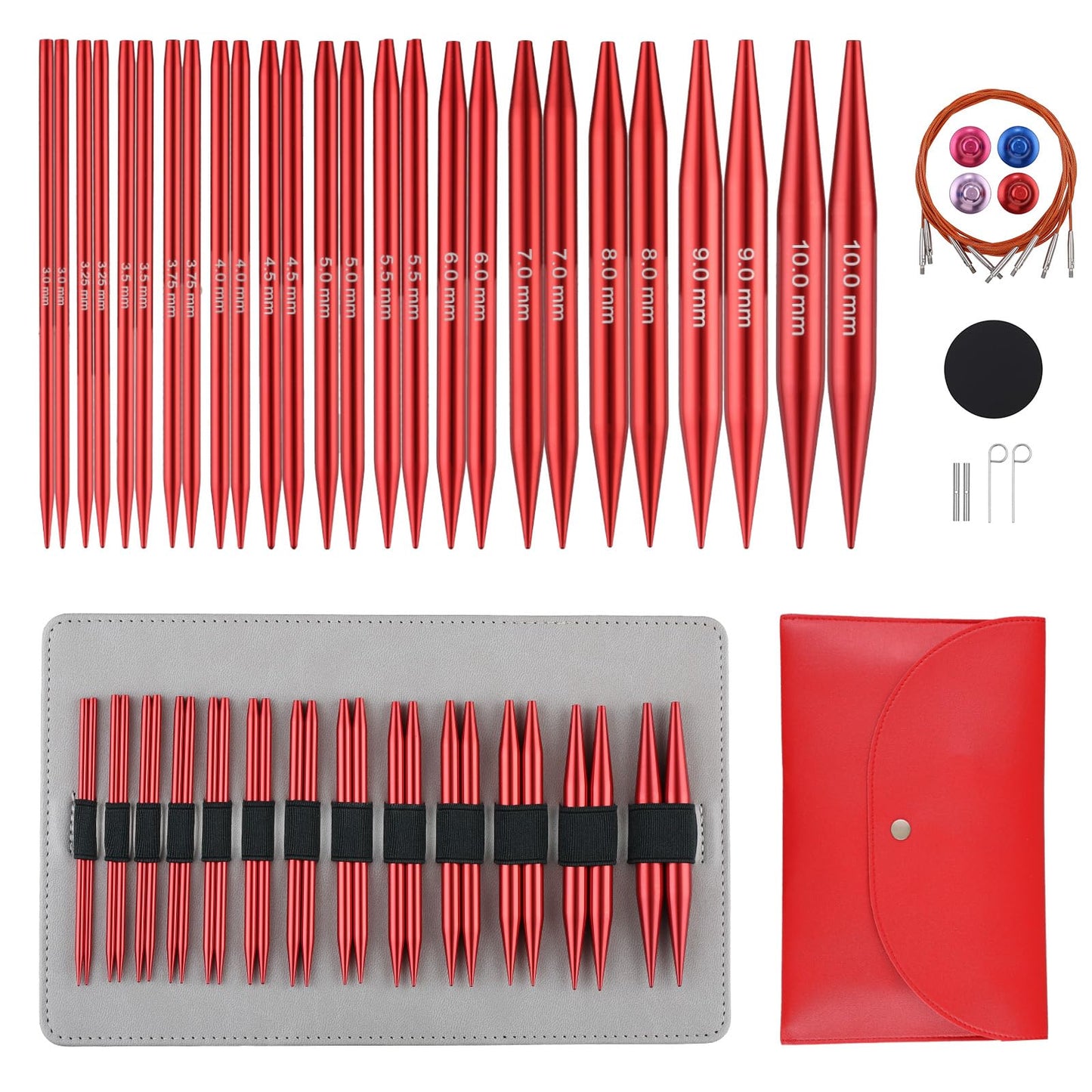 Guclud Interchangeable Circular Knitting Needles Set 4-Inch | US 2.5-15 (3.0-10.0mm) | 13-Pair of Metal Circular Needles | 4 Cables (16", 24", 32", and 40"), Accessories & Case (Rose Red)