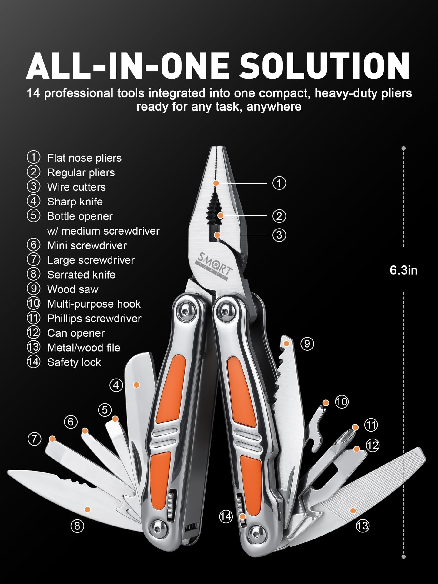 SMART JERRY 14-in-1 Multitool Pliers with Sheath | Self-Locking Foldable Multi Tool for DIY, Home, Garden, Camping | Stainless Steel EDC Pocket Knife | Gifts for Men, Dad, Husband