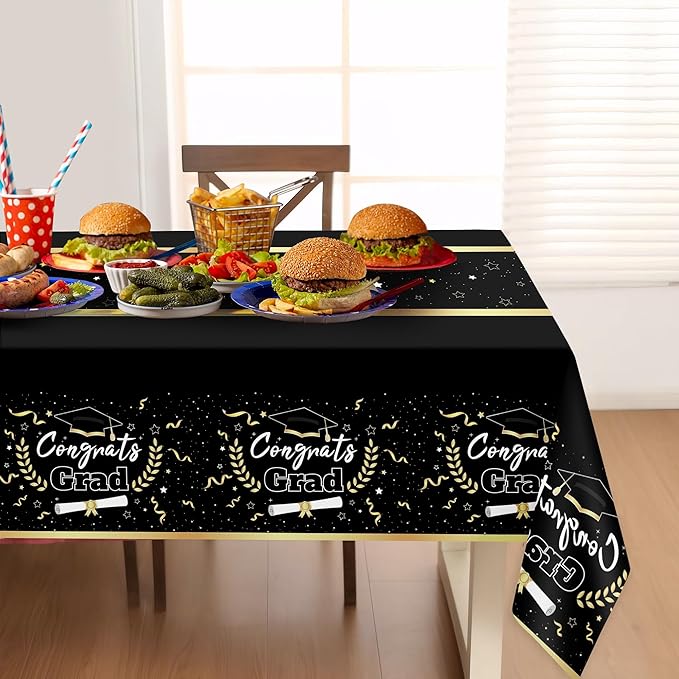 Class of 2026 Black & Gold Graduation Tablecloths, 2 Pack