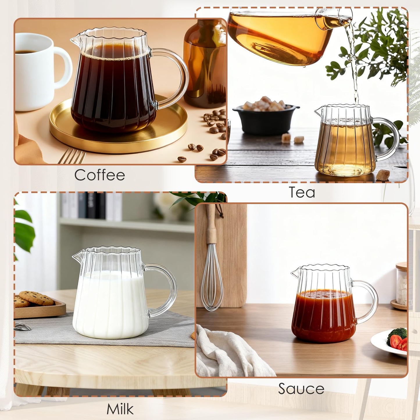 Enjamyo 2 Pcs Small Glass Creamer Pitcher With Box, 250ml Creamer Pitcher with Handle, Elegant Wave Shaped Small Glass Pitchers, Milk Frothing Pitchers, Serving Jug for Kitchen,Coffee Bar,Home