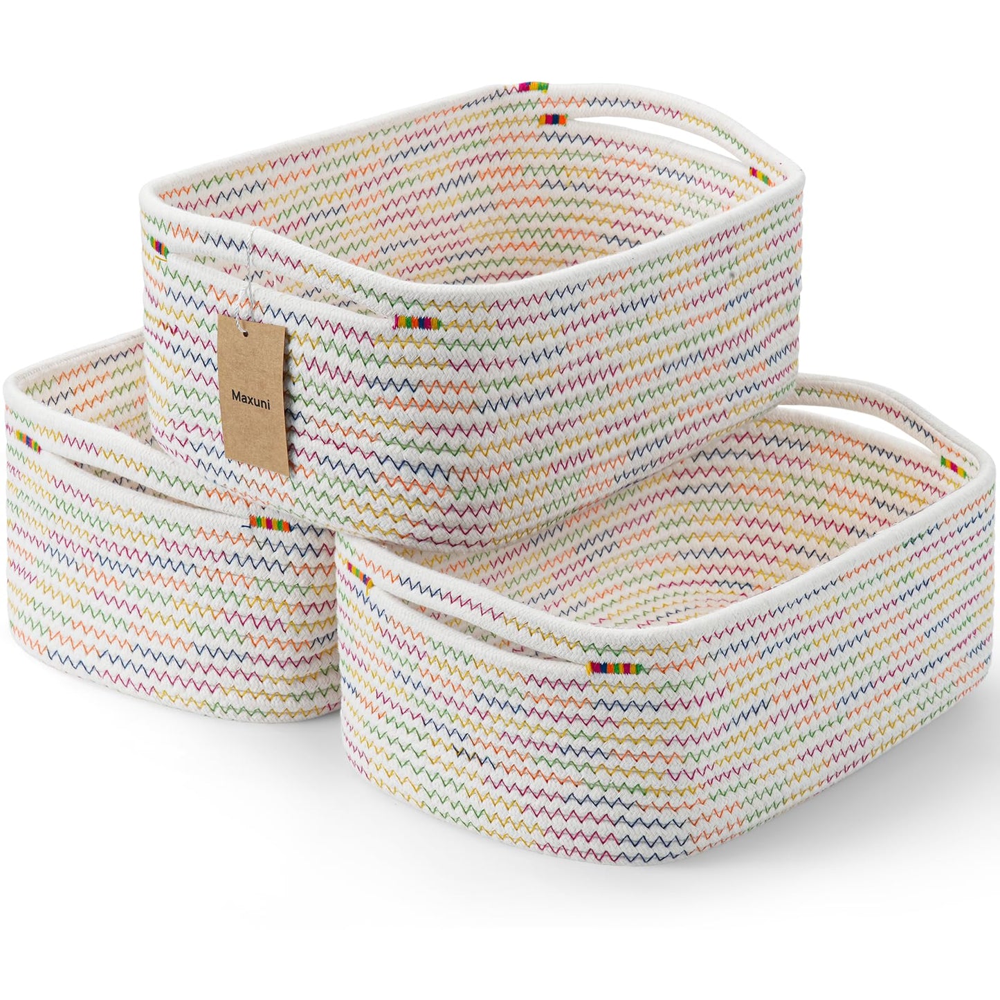 Maxuni 3-Pcs Shelf Baskets for Organizing, Closet Organizer Bins, Small Woven Baskets, Rope Toy Basket, Storage Basket for Shelves, Cube Decorative Box, 11.8×7.8×5.1”, Rainbow
