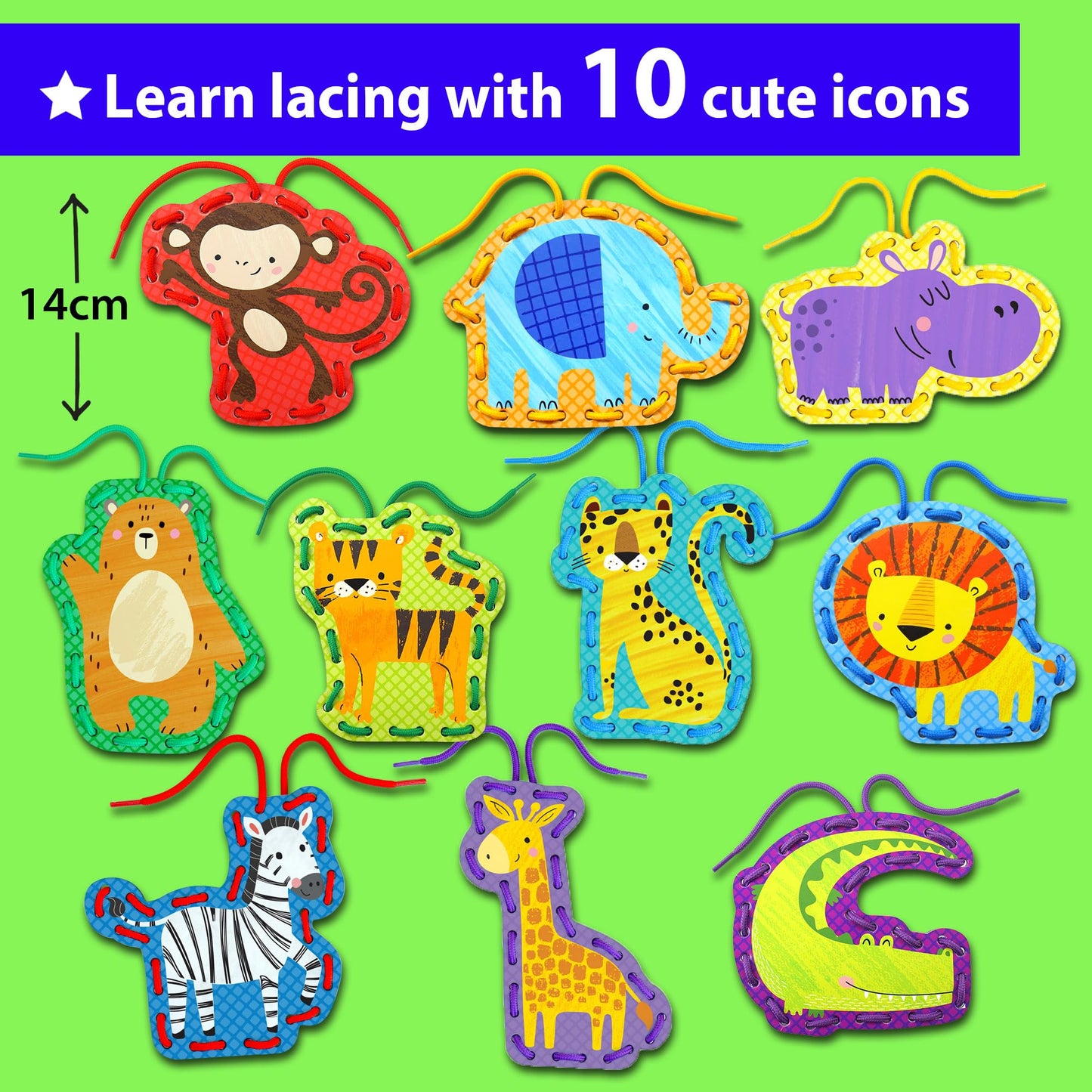 KRAFUN Safari Animal Preschool Arts & Crafts Lacing Kit, 10 Easy Lacing Cards for Toddlers Fine Motor Skills
