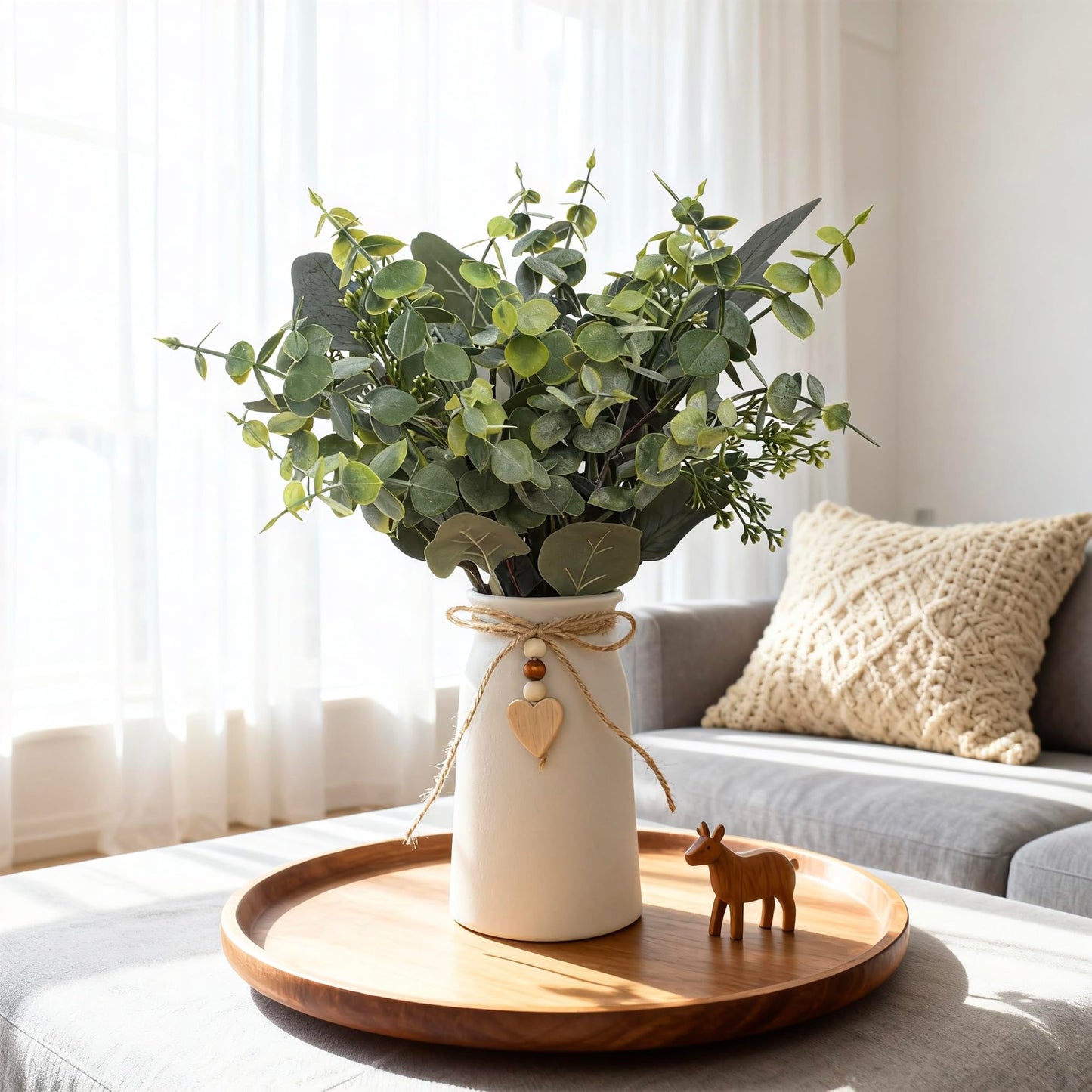 Artificial Silver Dollar Eucalyptus Stems in White Ceramic Vase, 14" Tall Faux Eucalyptus Picks with Twine Bow & Wooden Heart Charm, Full Greenery for Home Decor, Table Centerpiece, Shelf & Office