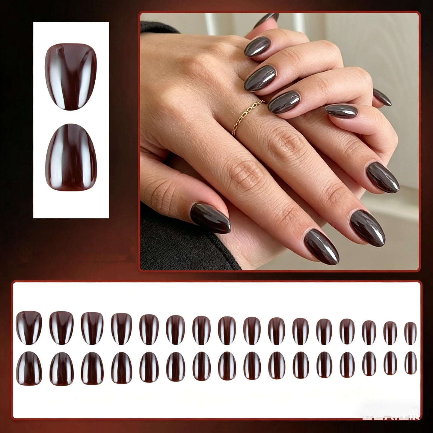 Dark Brown Chrome Short Oval Press On Nails - 32Pcs 16 Size Soft Gel Electroplated Fake Nails with Glue, Reusable Metallic Brown False Nails for Women Daily Office Party