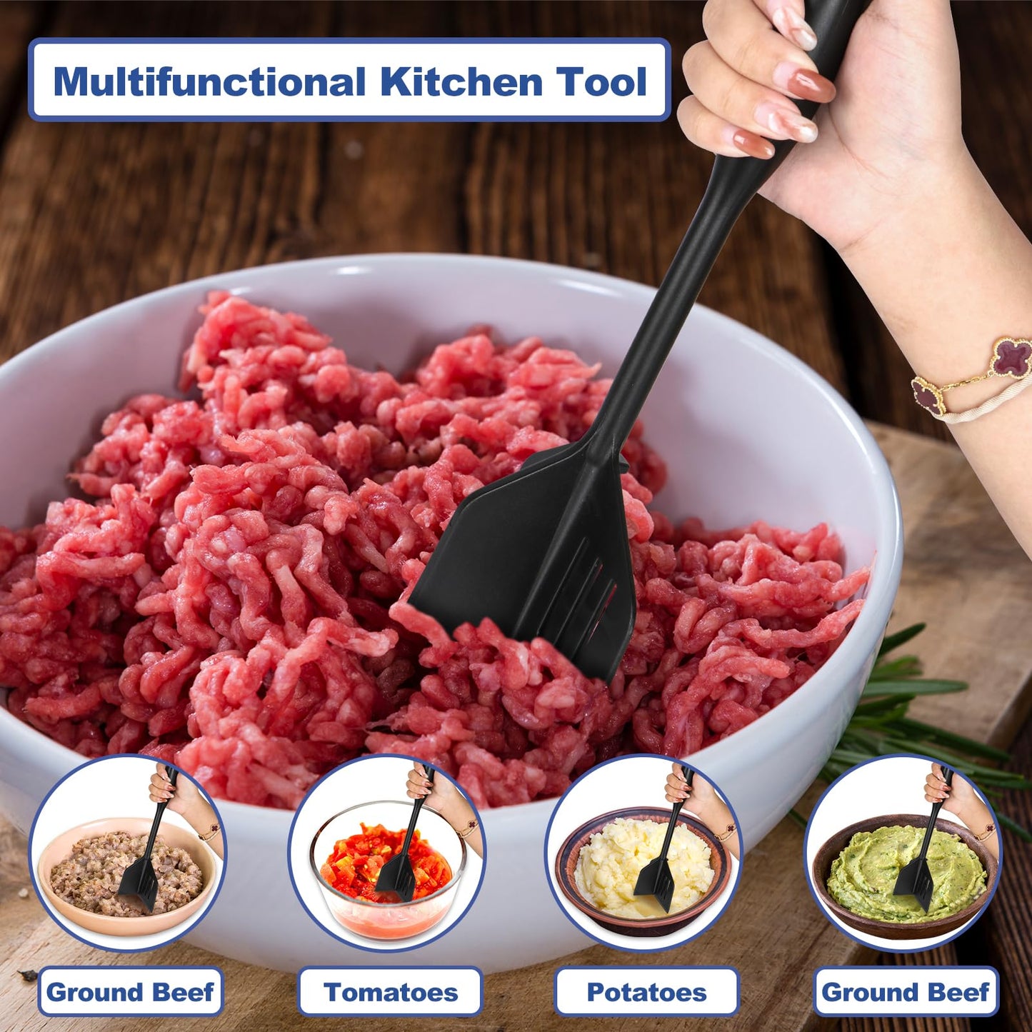 YHBARK Professional Heat Resistant Nylon Meat Cut, Spatula and Meat crusher Double Function, Potato Masher，Non-scratch Utensils，Good Grips Ground Meat Chopper,Black