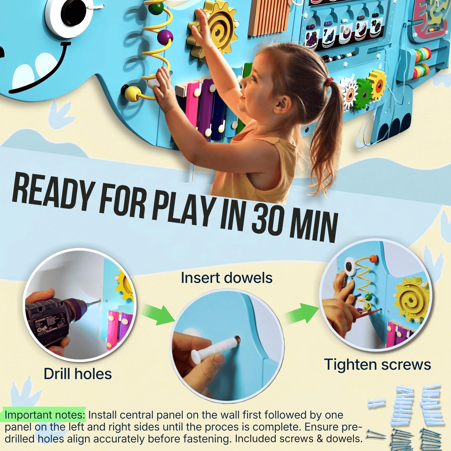 AthomBear Dinosaur Wall Busy Board with 12 Activities - Wall Toys for Toddlers 2,3,4,5 - Sensory Panel Wooden - Montessori Busy Board Learning Activity Center for Playroom and Classroom
