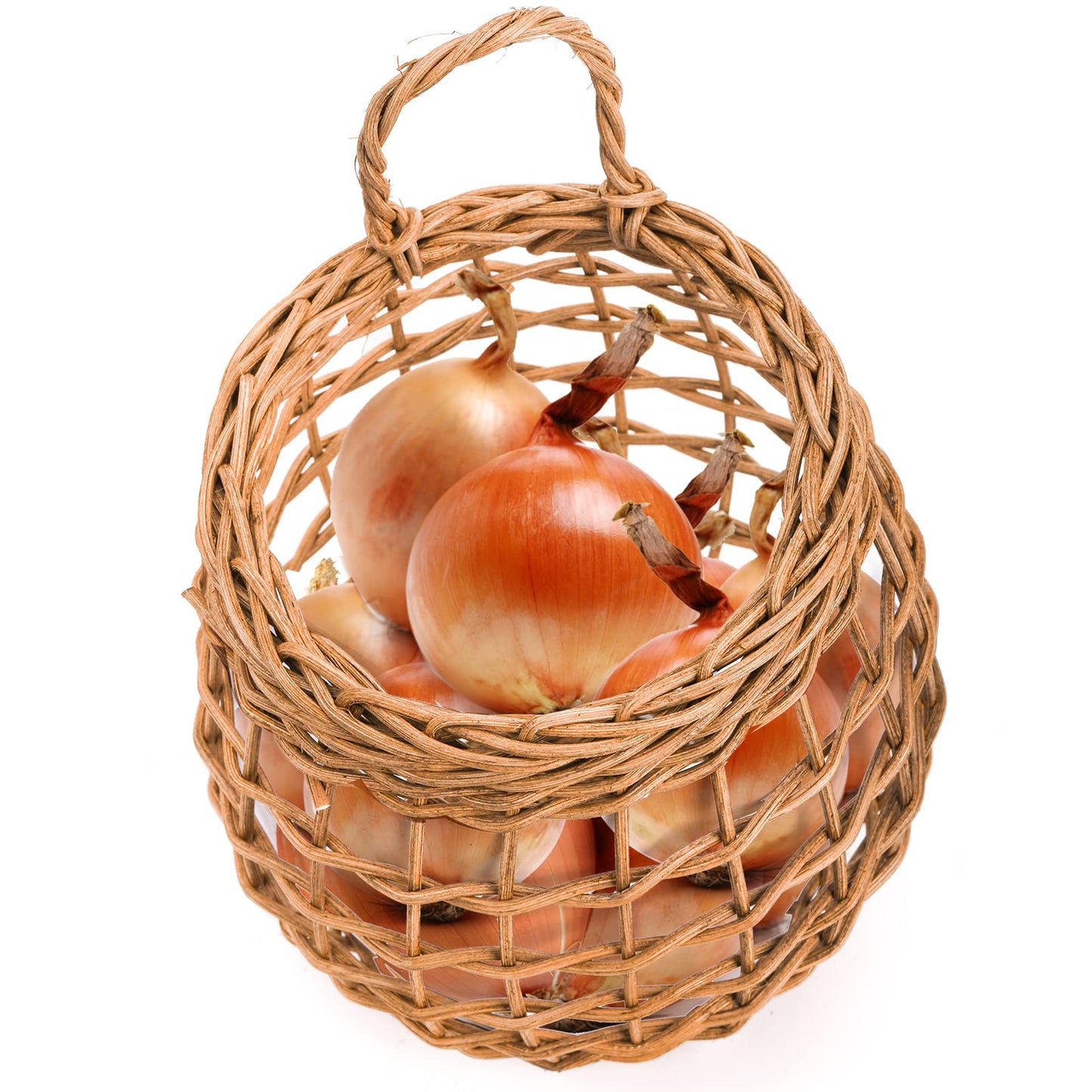 Elsjoy Set of 2 Hanging Onion Basket, Wall Mount Small Wicker Baskets for Food Storage, Woven Rattan Basket for Kitchen, Pantry, Home Decor