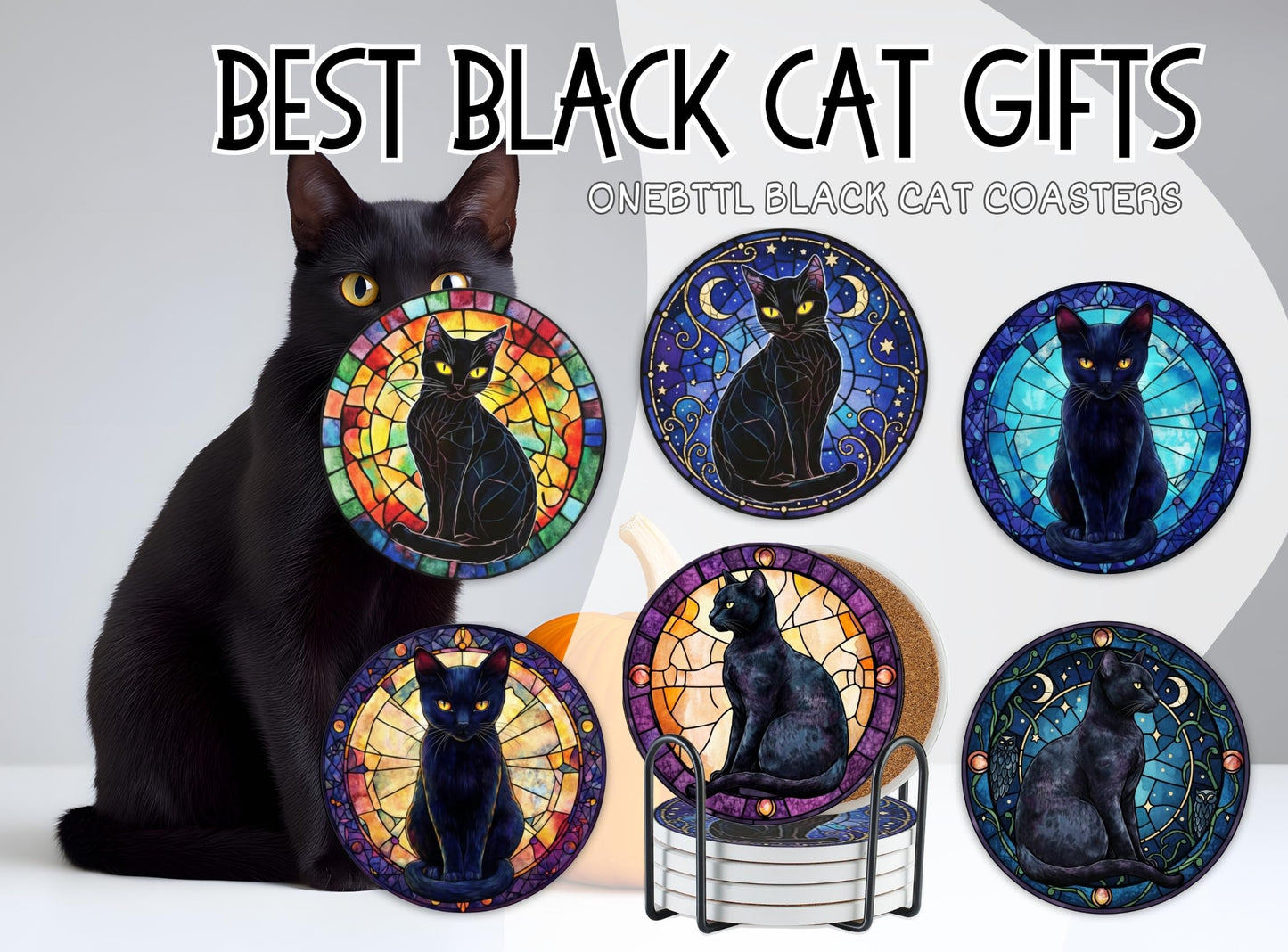 Onebttl Black Cat Gifts for Women, Black Cat Merch Coaster, Set of 6, Ceramic, Absorbent with Cork Base