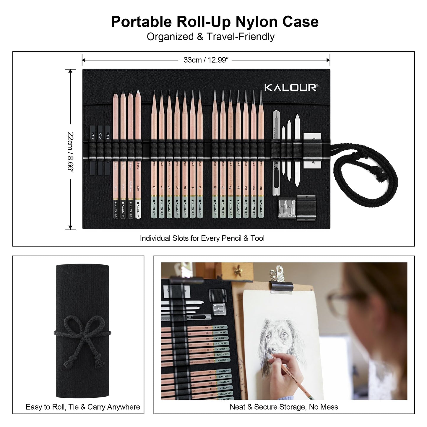 KALOUR 29 Pro Sketching Drawing Pencils Set with Roll-Up Nylon Case – 14 Graphite Pencils (14B–5H), Charcoal Pencils, Erasers, Sharpener & Stumps – Complete Art Kit for Artists & Beginner